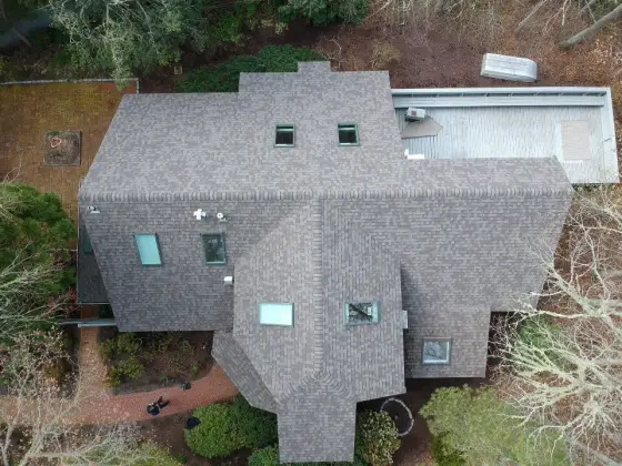 Aerial view of a new shingle roof
