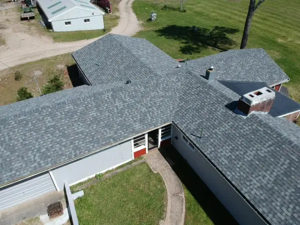 Aerial view of a finished architectural shingle roof